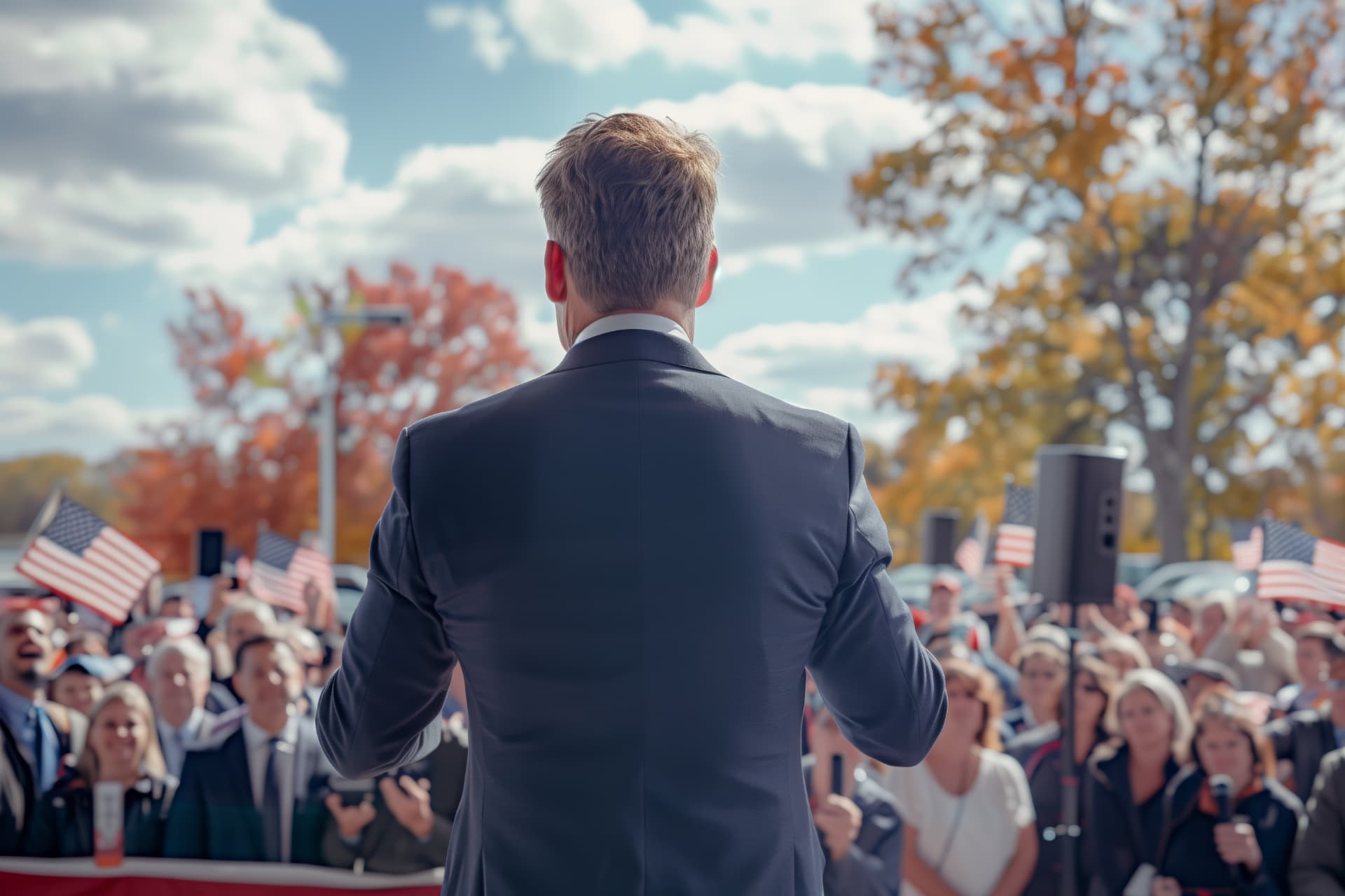 A speaker addressing an outdoor political gathering with American flags